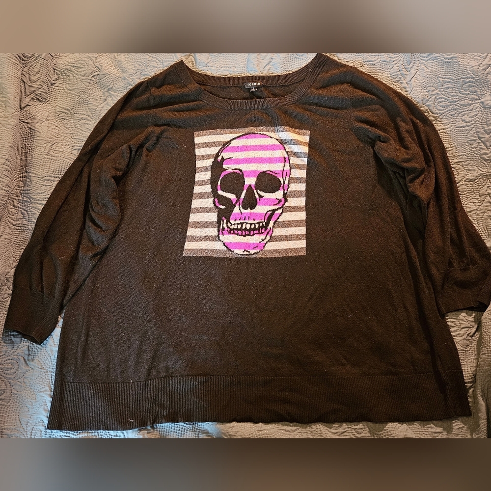 Torrid Black Sweater with Pink Skull Strip